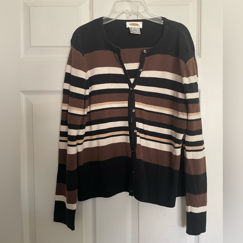 Talbots 100% Cotton Women’s size Medium Black and Brown Striped Cardigan